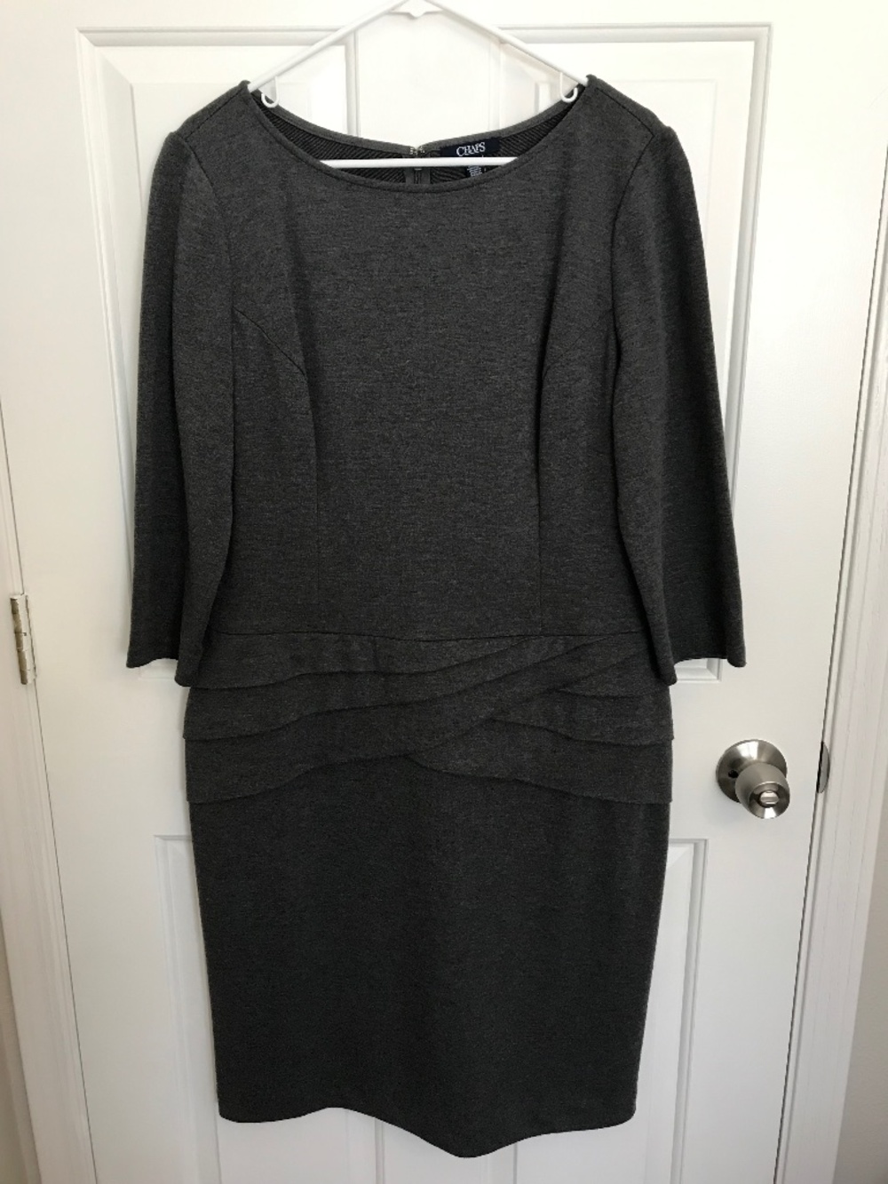 Chaps Layered Pleat Boatneck 3/4 Sleeve Ponte Dress Plus Size 16 Heather Gray